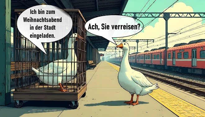 Trifft eine Gans die andere Gans am Bahnhof und fragt erstaunt: Was Sie verreisen? Darauf die andere Gans ganz stolz. Ja, ich bin zu Weihnachten in der Stadt eingeladen!